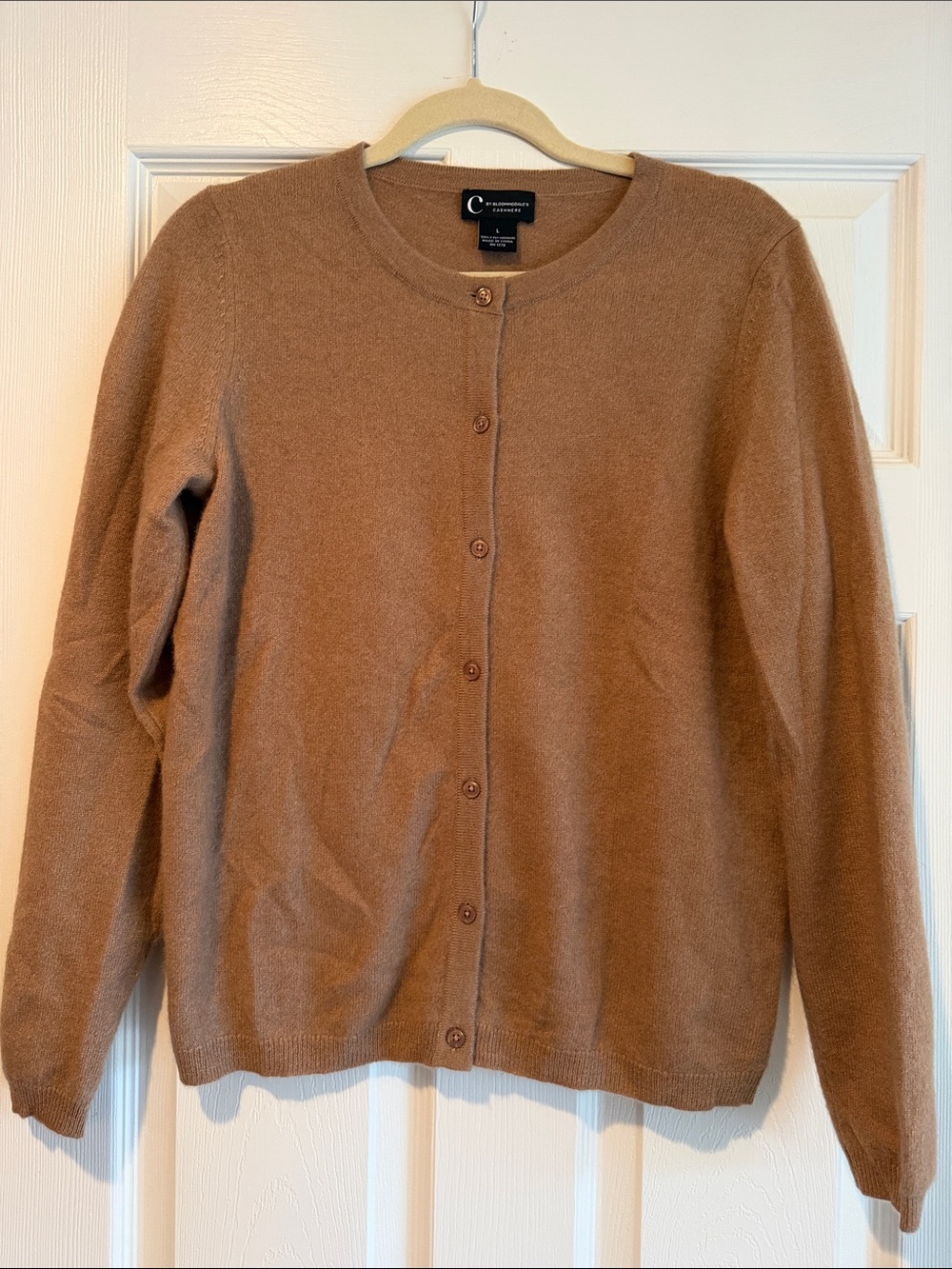 C by Bloomingdales Cashmere Camel Brown Button-Front Crewneck Cardigan